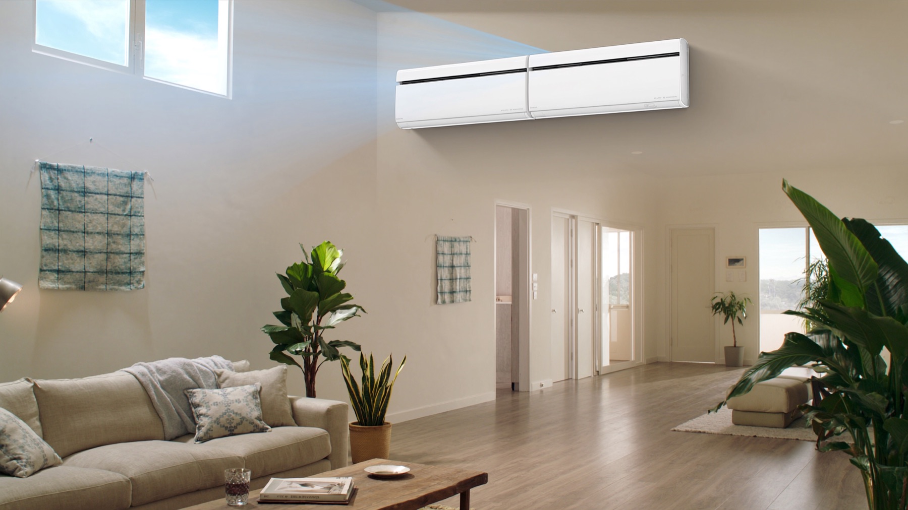 Wall-mounted split system in a bright modern living room