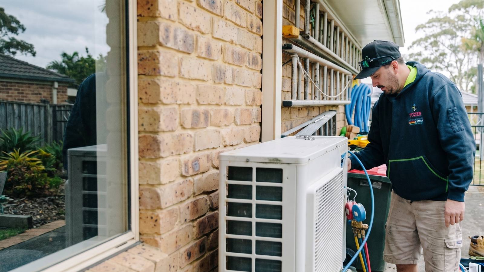TOZER technician servicing an outdoor unit beside a brick home